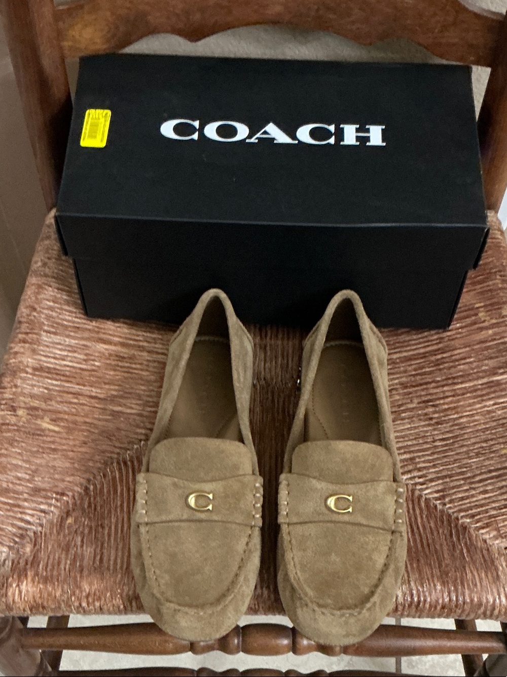 Coach Tan Suede Moccasin Loafers with Gold 'C' Accent